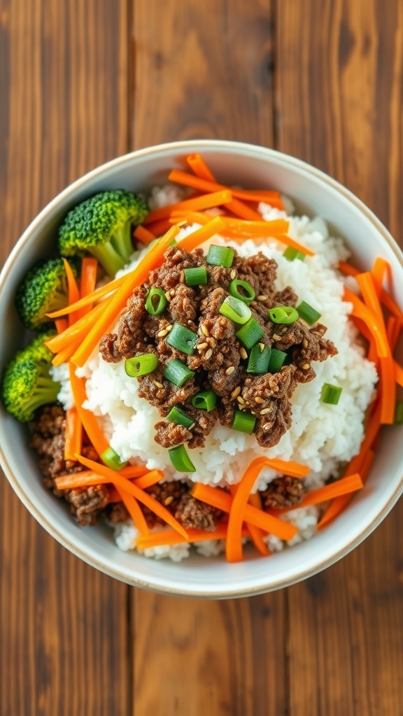 A colorful bowl of Korean ground beef with rice, broccoli, and carrots, garnished with green onions and sesame seeds.
